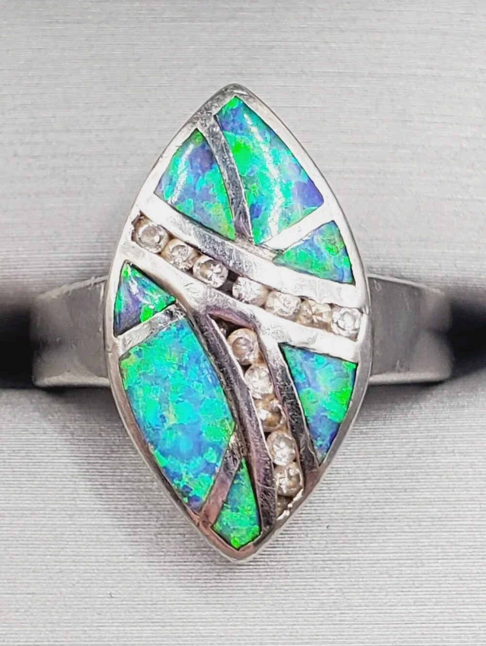 Blue Green Opal Inlay - 925 Sterling Silver Marquise Ring